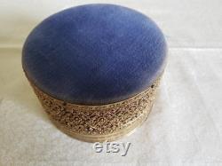 Brass Filigree Powder Box with Painted Silk Mirror Cover, Glass Powder Bowl, and Puff with Satin Ribbon