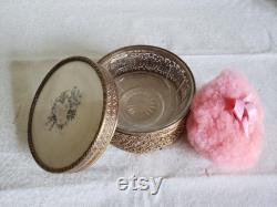 Brass Filigree Powder Box with Painted Silk Mirror Cover, Glass Powder Bowl, and Puff with Satin Ribbon