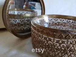 Brass Filigree Powder Box with Painted Silk Mirror Cover, Glass Powder Bowl, and Puff with Satin Ribbon