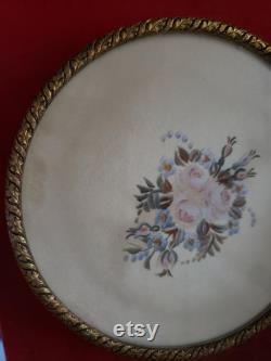 Brass Filigree Powder Box with Painted Silk Mirror Cover, Glass Powder Bowl, and Puff with Satin Ribbon