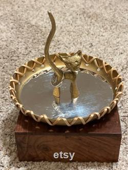 Brass Tone Cat Mirror Ring Holder Trinket Dish