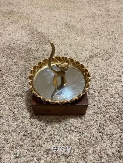 Brass Tone Cat Mirror Ring Holder Trinket Dish