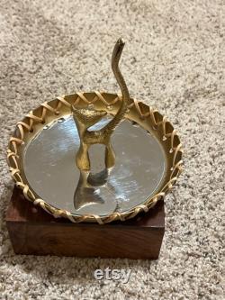 Brass Tone Cat Mirror Ring Holder Trinket Dish