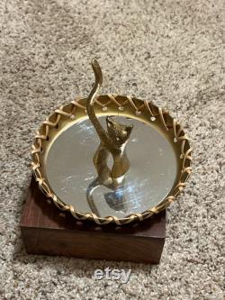 Brass Tone Cat Mirror Ring Holder Trinket Dish