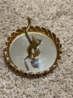 Brass Tone Cat Mirror Ring Holder Trinket Dish