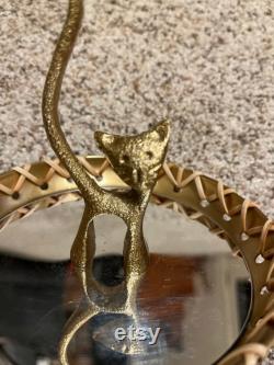 Brass Tone Cat Mirror Ring Holder Trinket Dish