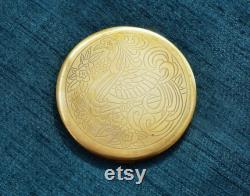 CLEFF Large Heavy Brass Powder Compact With Exotic Bird of Paradise Design on Lid, With Original Dark Brown Leather CoverVintage 1940s 50s