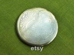 CLEFF Large Heavy Brass Powder Compact With Exotic Bird of Paradise Design on Lid, With Original Dark Brown Leather CoverVintage 1940s 50s