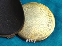 CLEFF Large Heavy Brass Powder Compact With Exotic Bird of Paradise Design on Lid, With Original Dark Brown Leather CoverVintage 1940s 50s