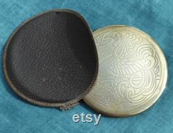 CLEFF Large Heavy Brass Powder Compact With Exotic Bird of Paradise Design on Lid, With Original Dark Brown Leather CoverVintage 1940s 50s
