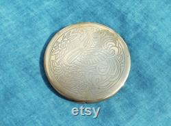 CLEFF Large Heavy Brass Powder Compact With Exotic Bird of Paradise Design on Lid, With Original Dark Brown Leather CoverVintage 1940s 50s