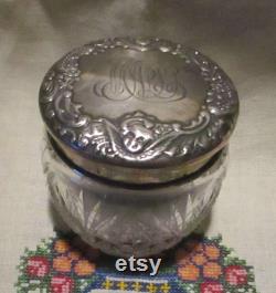 CRYSTAL Clear STERLING Top Vintage Vanity Jar and SWAN'S Down Puff with Celluloid Knob Cut Glass Dresser Bowl Silky Flapper 1920s Powder Puff