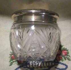 CRYSTAL Clear STERLING Top Vintage Vanity Jar and SWAN'S Down Puff with Celluloid Knob Cut Glass Dresser Bowl Silky Flapper 1920s Powder Puff