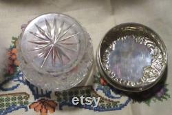 CRYSTAL Clear STERLING Top Vintage Vanity Jar and SWAN'S Down Puff with Celluloid Knob Cut Glass Dresser Bowl Silky Flapper 1920s Powder Puff