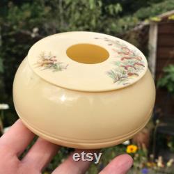 Celluloid Jar, Hand Painted Lid, Floral Design, Artist Signed Baronia Megastigma, 1950's Art Deco, Lidded Footed Powder Pot 4.25 x 2.25