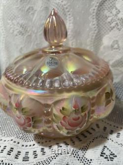 Charleton Fenton Art Glass Roses Iridized Sunset Beaded Melon Powder Box Glows