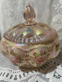 Charleton Fenton Art Glass Roses Iridized Sunset Beaded Melon Powder Box Glows