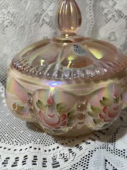 Charleton Fenton Art Glass Roses Iridized Sunset Beaded Melon Powder Box Glows