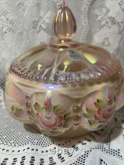 Charleton Fenton Art Glass Roses Iridized Sunset Beaded Melon Powder Box Glows
