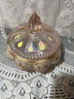 Charleton Fenton Art Glass Roses Iridized Sunset Beaded Melon Powder Box Glows