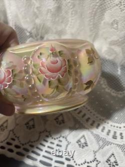 Charleton Fenton Art Glass Roses Iridized Sunset Beaded Melon Powder Box Glows