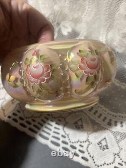 Charleton Fenton Art Glass Roses Iridized Sunset Beaded Melon Powder Box Glows
