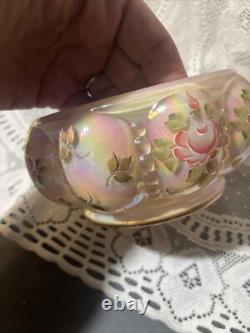 Charleton Fenton Art Glass Roses Iridized Sunset Beaded Melon Powder Box Glows