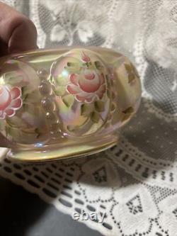 Charleton Fenton Art Glass Roses Iridized Sunset Beaded Melon Powder Box Glows