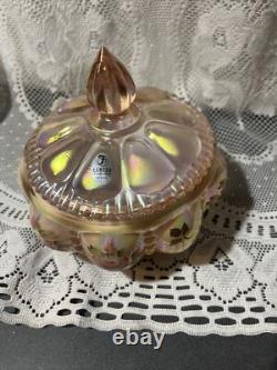 Charleton Fenton Art Glass Roses Iridized Sunset Beaded Melon Powder Box Glows
