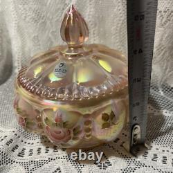 Charleton Fenton Art Glass Roses Iridized Sunset Beaded Melon Powder Box Glows