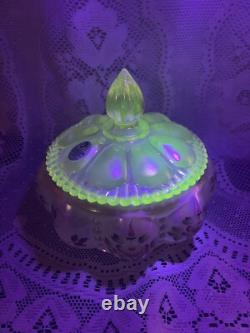 Charleton Fenton Art Glass Roses Iridized Sunset Beaded Melon Powder Box Glows