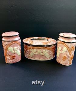 Cherubs Vanity Set Vintage Rose Pink Oval Ceramic Powder Box and Large Shakers Hand Painted Made In Japan