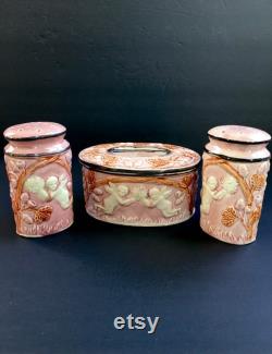 Cherubs Vanity Set Vintage Rose Pink Oval Ceramic Powder Box and Large Shakers Hand Painted Made In Japan