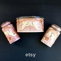 Cherubs Vanity Set Vintage Rose Pink Oval Ceramic Powder Box and Large Shakers Hand Painted Made In Japan