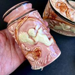 Cherubs Vanity Set Vintage Rose Pink Oval Ceramic Powder Box and Large Shakers Hand Painted Made In Japan