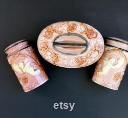 Cherubs Vanity Set Vintage Rose Pink Oval Ceramic Powder Box and Large Shakers Hand Painted Made In Japan