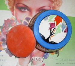 Chic Czech Deco SCENIC Hand-Painted Powder Jar Big Puff Glass Scene Dresser Jar 1920s FLAPPER Vanity Bowl with Unused Peach Puff Sale