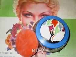 Chic Czech Deco SCENIC Hand-Painted Powder Jar Big Puff Glass Scene Dresser Jar 1920s FLAPPER Vanity Bowl with Unused Peach Puff Sale