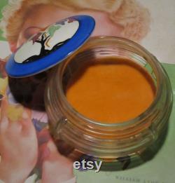 Chic Czech Deco SCENIC Hand-Painted Powder Jar Big Puff Glass Scene Dresser Jar 1920s FLAPPER Vanity Bowl with Unused Peach Puff Sale