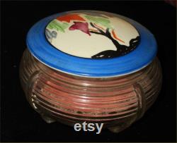 Chic Czech Deco SCENIC Hand-Painted Powder Jar Big Puff Glass Scene Dresser Jar 1920s FLAPPER Vanity Bowl with Unused Peach Puff Sale