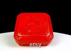 Chinese Cinnabar Red Lacquer Carved Heron Phoenix Bird Floral 3 5 8 Trinket Box