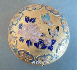 Chinese Cloisonne Trinket Pot. Bright Gold Blue Pink. Butterflies and Chrysanthemom. Small Lidded Dish