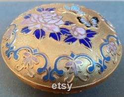 Chinese Cloisonne Trinket Pot. Bright Gold Blue Pink. Butterflies and Chrysanthemom. Small Lidded Dish
