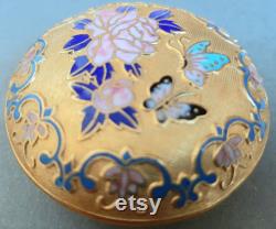 Chinese Cloisonne Trinket Pot. Bright Gold Blue Pink. Butterflies and Chrysanthemom. Small Lidded Dish