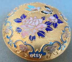 Chinese Cloisonne Trinket Pot. Bright Gold Blue Pink. Butterflies and Chrysanthemom. Small Lidded Dish