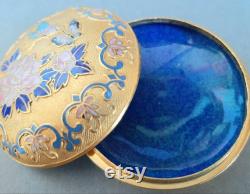 Chinese Cloisonne Trinket Pot. Bright Gold Blue Pink. Butterflies and Chrysanthemom. Small Lidded Dish