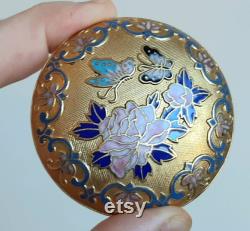 Chinese Cloisonne Trinket Pot. Bright Gold Blue Pink. Butterflies and Chrysanthemom. Small Lidded Dish