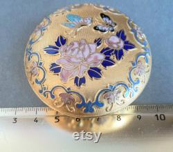 Chinese Cloisonne Trinket Pot. Bright Gold Blue Pink. Butterflies and Chrysanthemom. Small Lidded Dish