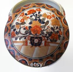 Chinese Porcelain Round Powder Box, Orange Peonies Lidded Jewelry Box, Mid Century Asian Decor, Prissy Newberry Antiques