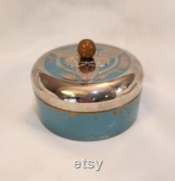 Chrome and Glass Art Deco Powder Puff Holder Teal Blue by Chase Companies Vintage Jewelry Holder